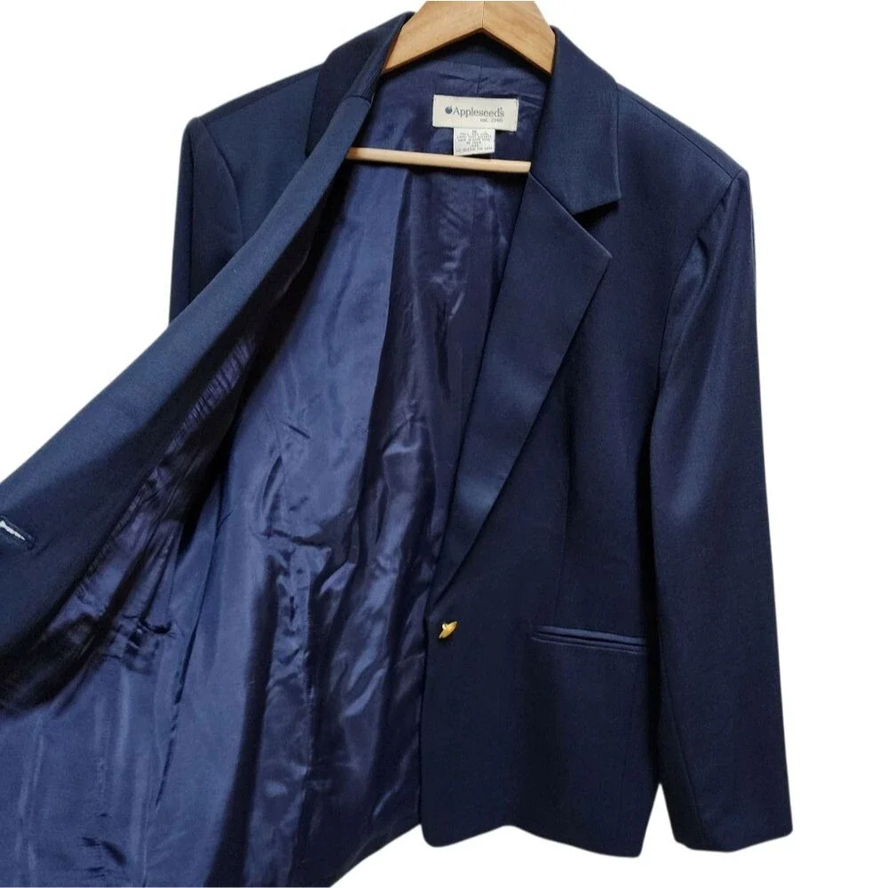 Appleseeds Navy 100% Wool Blazer Women Sz 18 Button Sheen Preppy Classic Vintage
